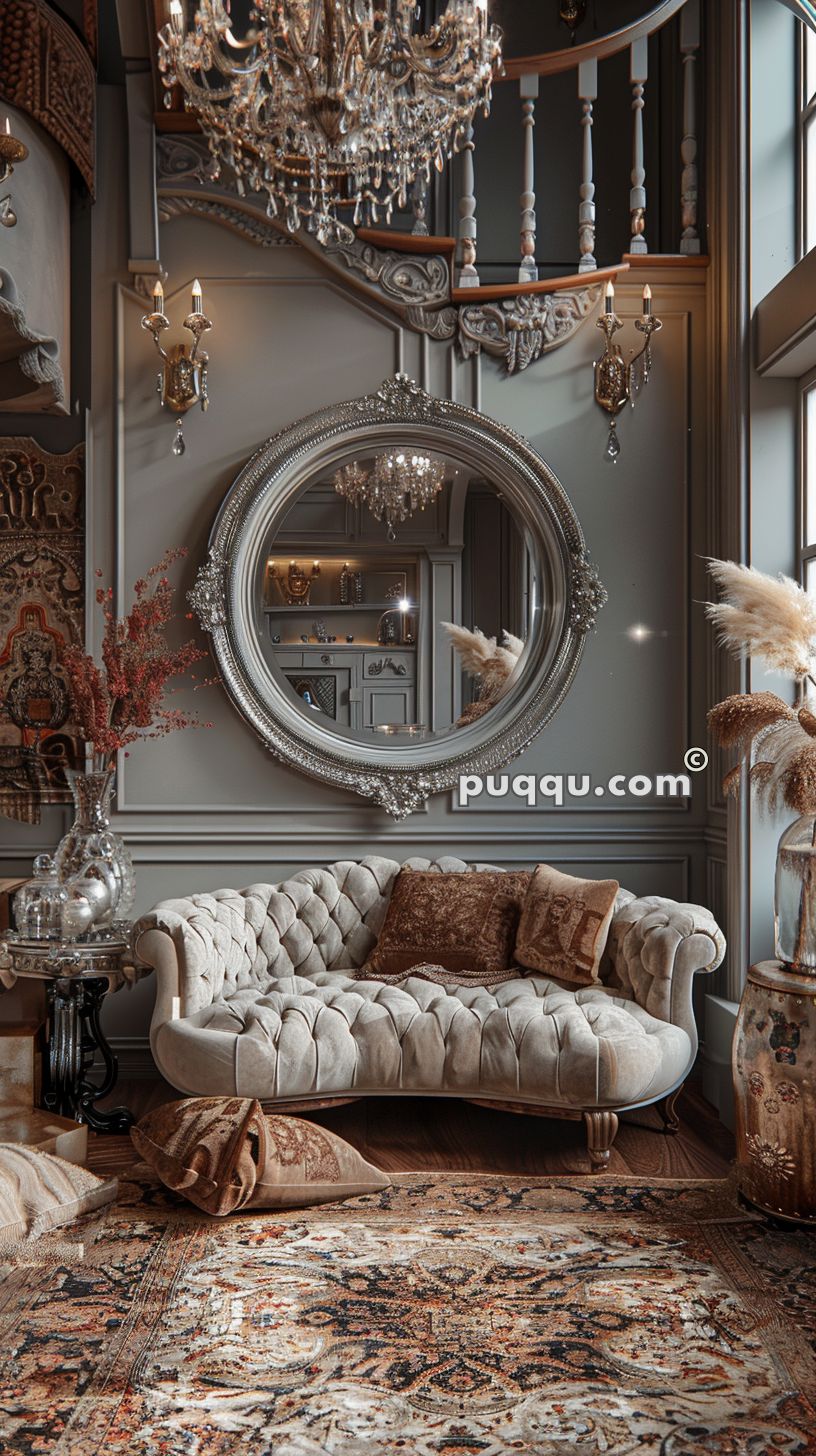 Elegant living room with tufted velvet sofa, ornate mirror, crystal chandelier, and intricate patterned rug.