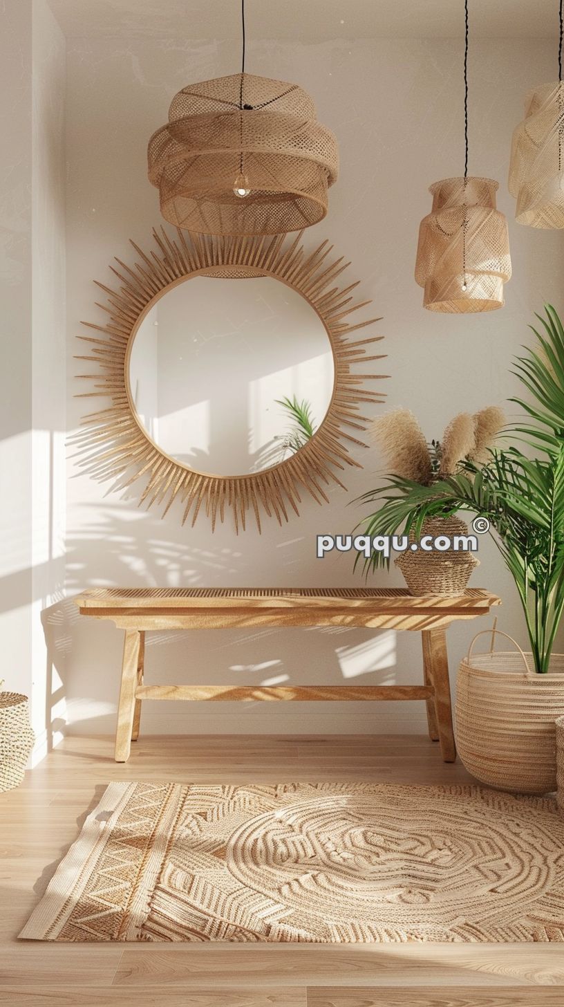 A minimalist room with wooden furniture featuring a sunburst mirror, woven light fixtures, a wooden bench, plants in woven baskets, and a textured rug on a wooden floor.