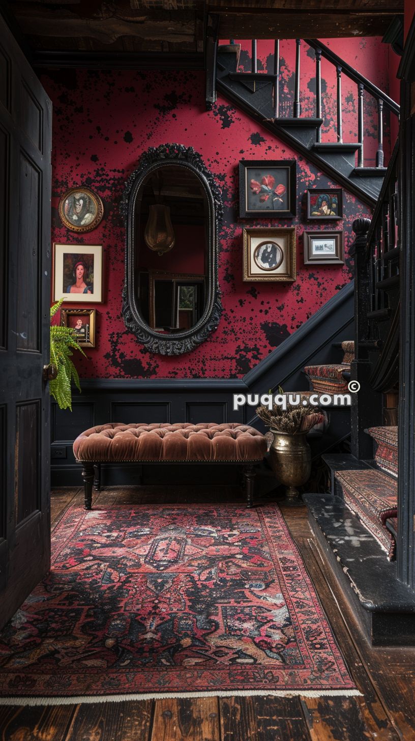 Victorian-style entryway with a red and black textured wall, black framed mirror, collection of framed artworks, tufted velvet bench, Persian rug, and a staircase lined with patterned carpet.