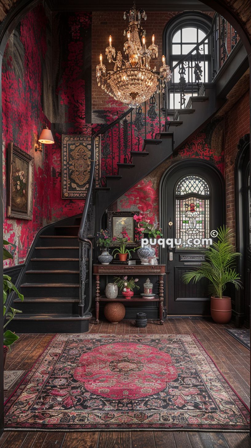 Ornate entryway with a crystal chandelier, red and black patterned wallpaper, dark wooden staircase, stained glass door, antique furniture, potted plants, and a red patterned carpet.