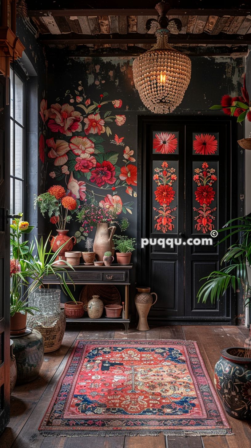Room with floral wallpaper, a chandelier, and a red Persian rug. Potted plants and vases are displayed on a wooden table and on the floor. The walls and doors have elaborate floral designs.