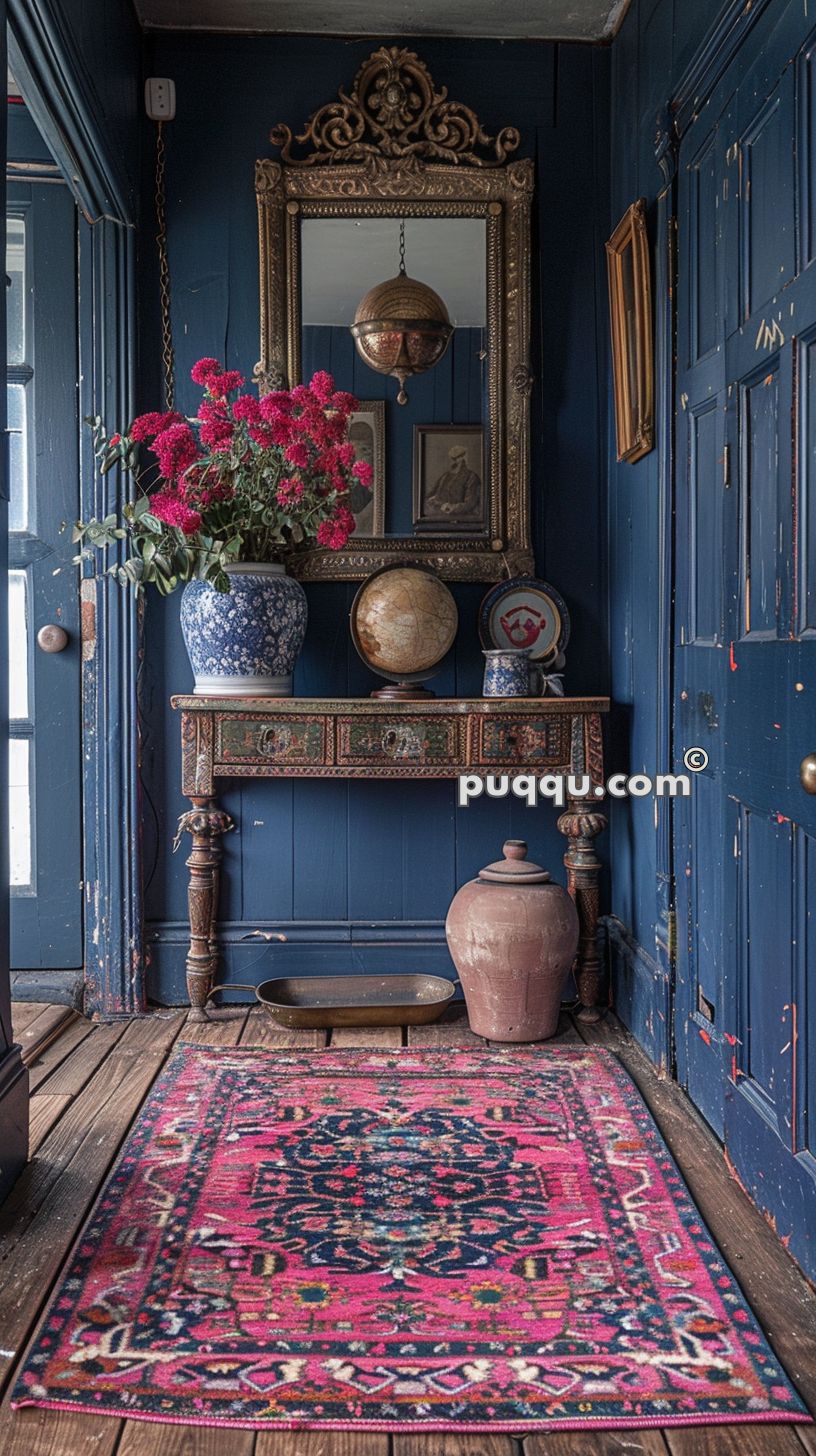 Room with dark blue walls and wood floor, featuring a wooden console table with intricate designs, a large mirror with an ornate frame, floral vase with red flowers, globe, various decorative items, and a colorful patterned rug.