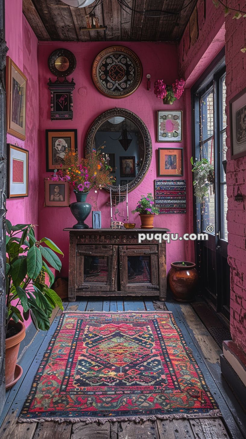 Colorful and eclectic interior with pink walls, various framed art pieces, a large decorative mirror, a vintage wooden console with floral arrangements, and a vibrant patterned rug on wooden floors.