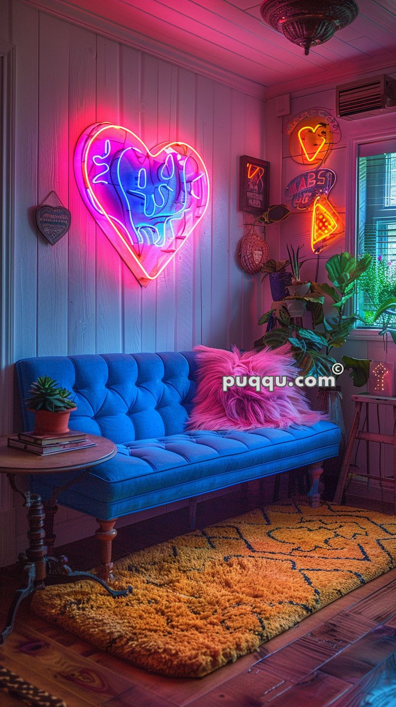 Cozy room with a blue tufted sofa, a pink fluffy pillow, neon heart-shaped wall lights, and various plants.