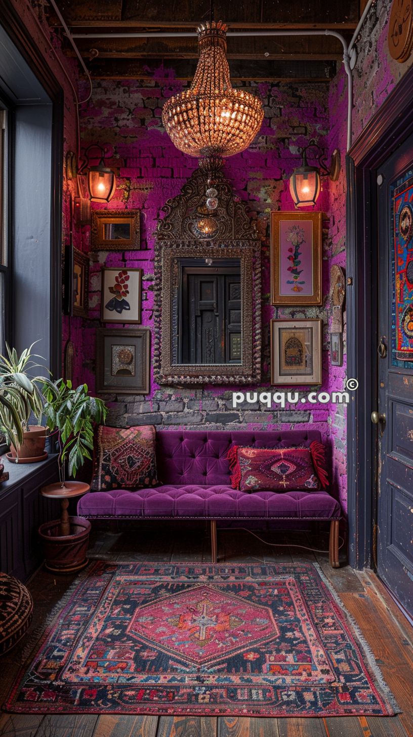 Eclectic room with exposed brick walls painted pink, featuring a purple tufted sofa, colorful patterned rug, ornate mirror, various framed art, potted plants, and a crystal chandelier.