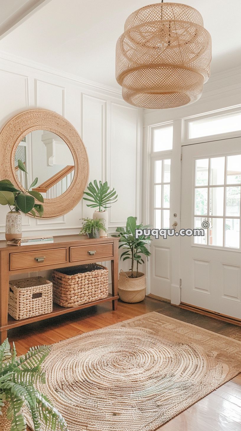 Entryway with wooden console table, large round mirror, woven baskets, potted plants, wicker chandelier, and a woven rug.