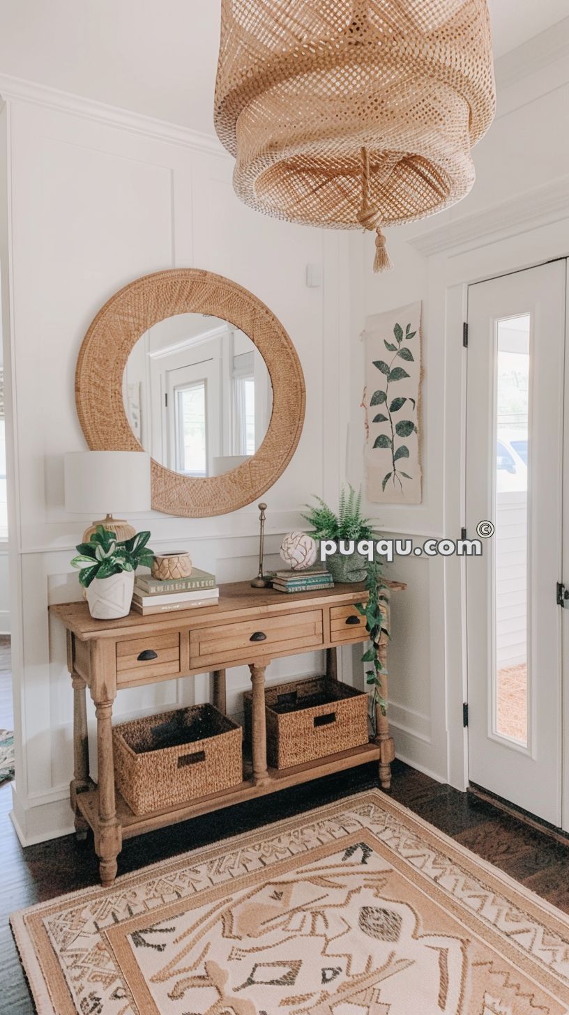 Entryway with wooden console table, large round mirror, wicker baskets, indoor plants, decorative books, table lamp, large woven ceiling light, and patterned rug.