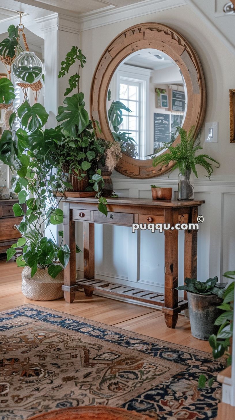 Wooden console table with plants, a round wood-framed mirror, and a patterned rug in a bright, cozy room.