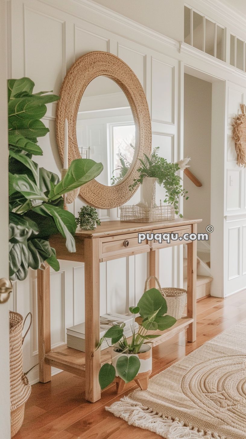 Entryway with a wooden console table, decorative mirror with a woven frame, various potted plants, wicker baskets, and a beige textured rug.