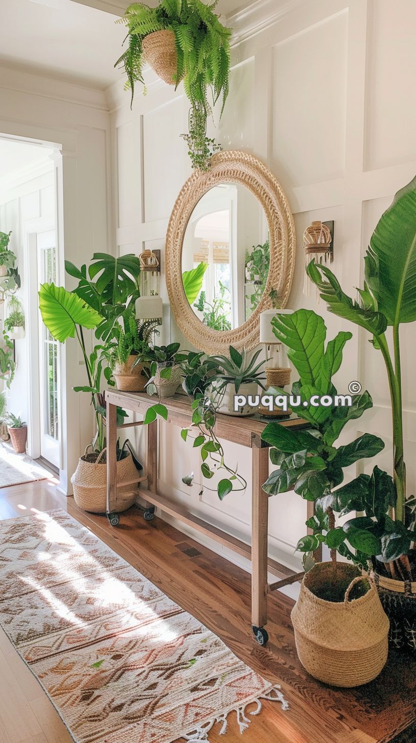 Bright entryway with wooden console table adorned with various plants, a large circular mirror, hanging basket with fern, and light-patterned rug on hardwood floor.