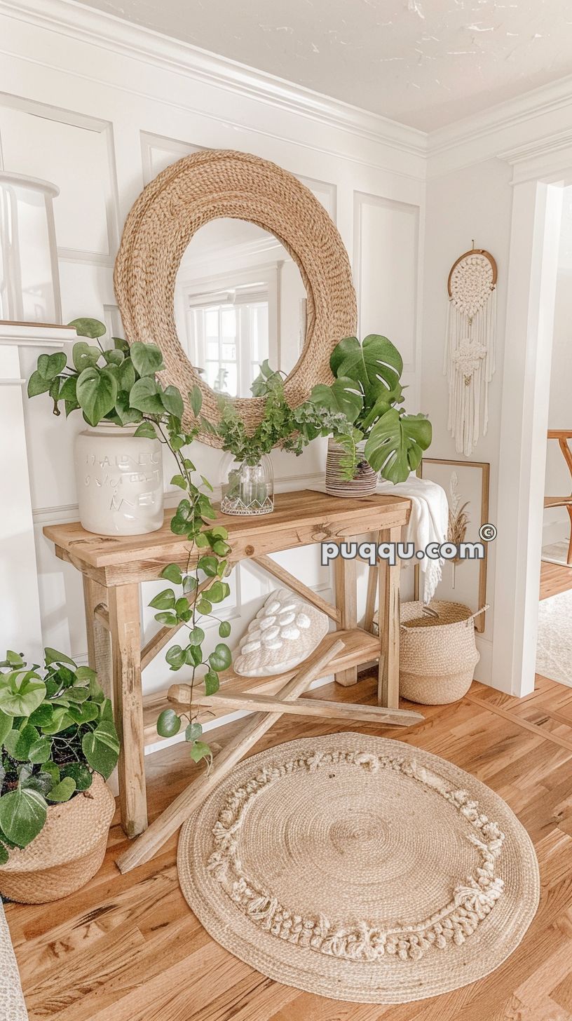 Boho-style entryway with a wooden console table, round woven mirror, woven baskets, potted plants, a tassel rug, and wall decor.