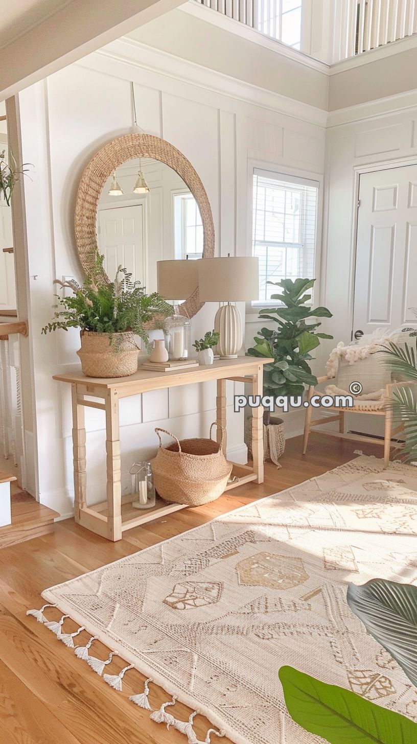 Bright, airy entryway with a wooden console table adorned with potted plants, a round woven mirror, a table lamp, decorative items, and wicker baskets. Wood flooring, white walls, and a patterned rug complete the decor.