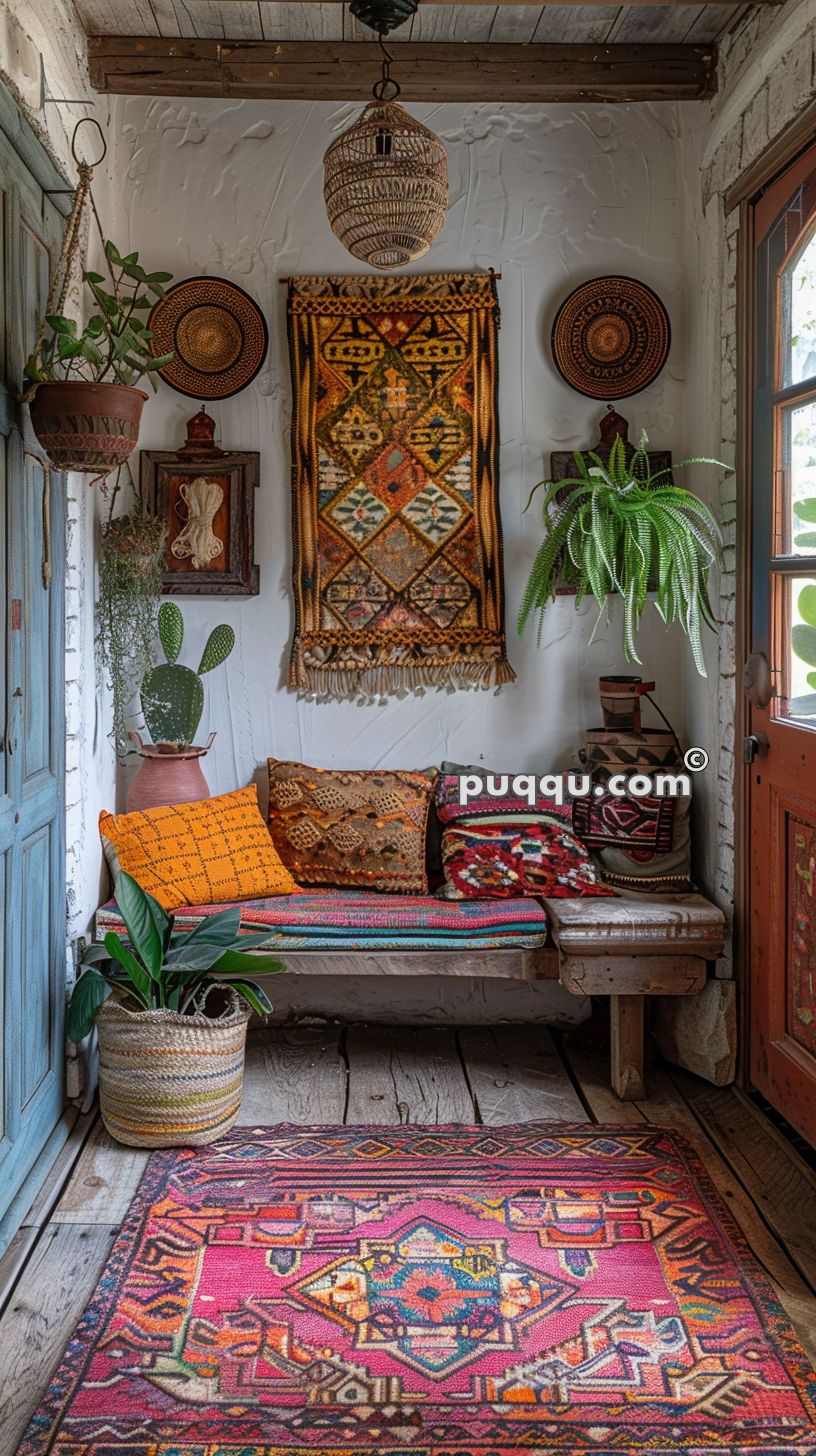 A cozy, bohemian-style room with a wooden bench adorned with colorful, patterned cushions and a woven blanket. The walls feature textured white plaster, with hanging plants, woven baskets, and a vibrant, geometric tapestry. The floor is covered with a richly patterned rug in shades of pink and red. Rustic decor elements, including hanging lanterns and a potted cactus, enhance the eclectic look.