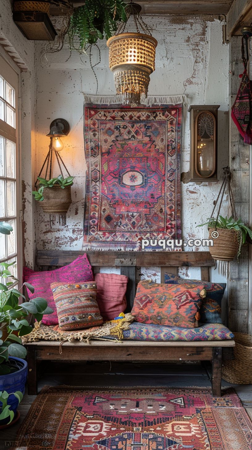 Cozy bohemian-style nook with a wooden bench adorned with colorful cushions, a hanging wall tapestry, potted plants, and a decorative rug on the floor.