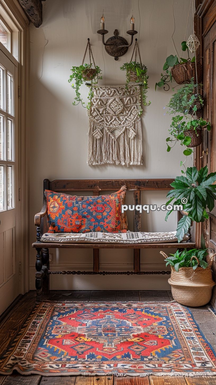 Cozy interior space with a wooden bench, colorful decorative pillow, macrame wall hanging, hanging plants, woven basket, and a vibrant area rug.