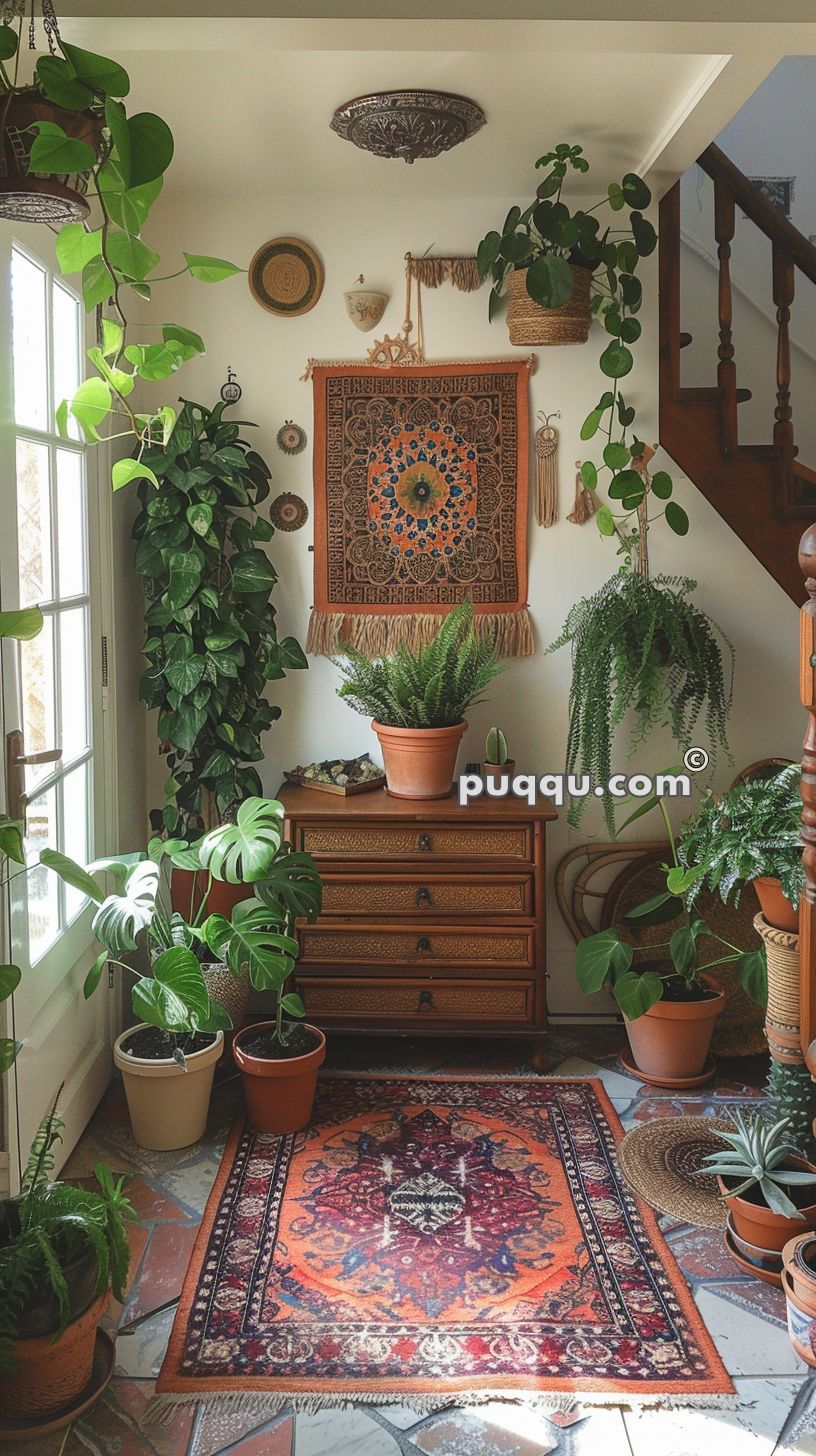 Bright hallway with various potted plants, wicker furniture, a wooden chest of drawers, a hanging tapestry, and a colorful patterned rug on the floor.