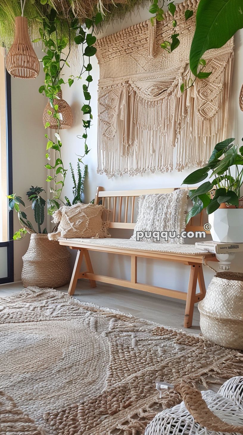 Cozy, bohemian-style living space with a wooden bench, textured cushions, macrame wall hanging, woven decor, indoor plants, and a large, intricate rug.