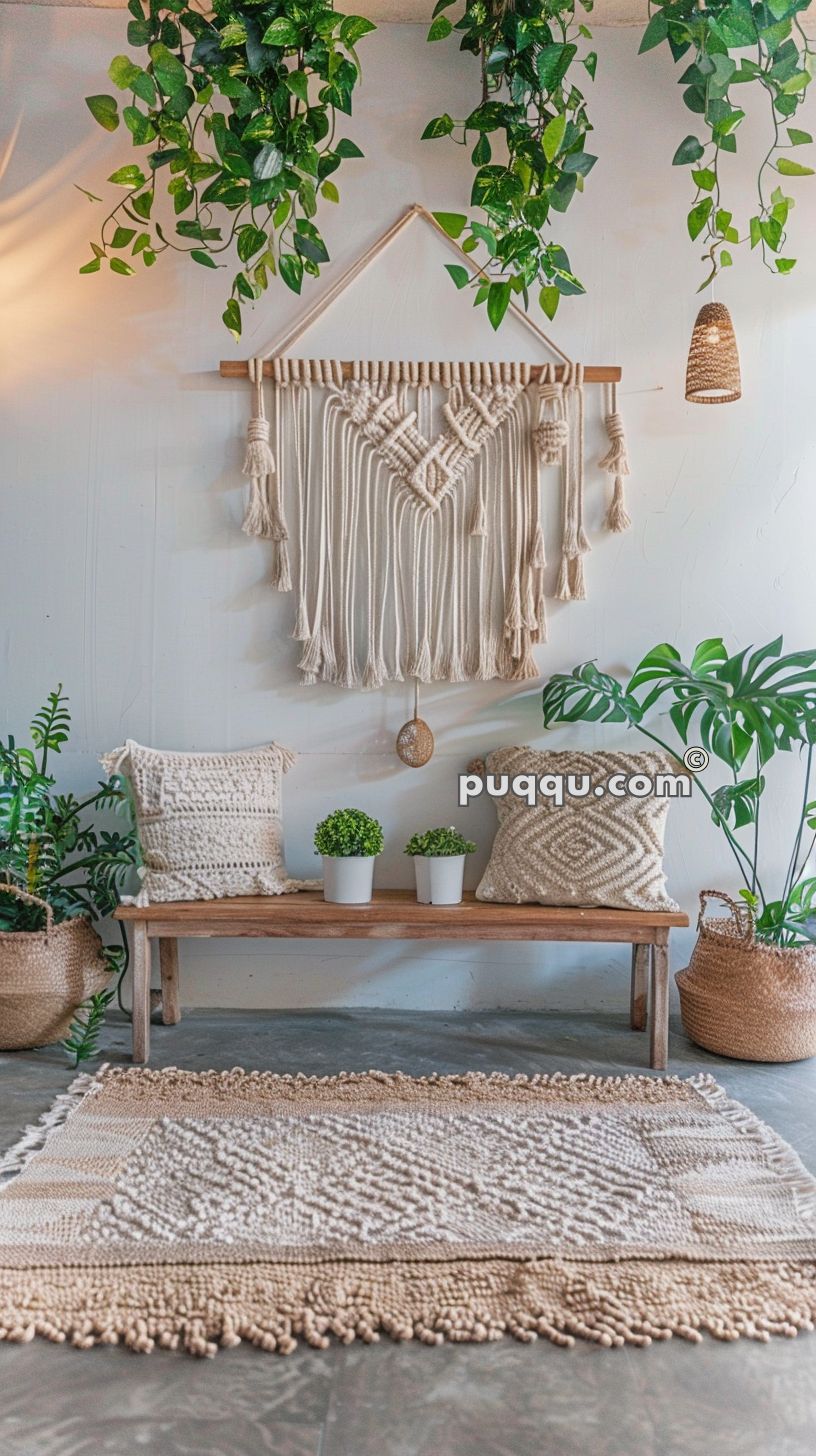 Cozy indoor boho-style setup with hanging green plants, macramé wall art, wooden bench, textured pillows, small potted plants, and a woven rug.