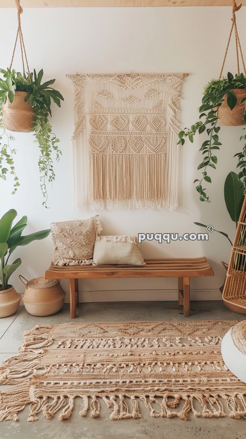 Boho-style interior with macrame wall hanging, wooden bench with cushions, hanging plants, woven baskets, and textured beige rug.
