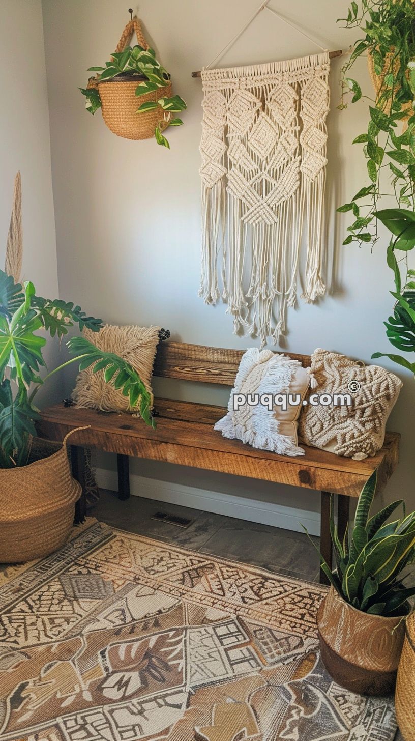 Cozy corner with a wooden bench adorned with textured cushions, surrounded by potted plants, a macrame wall hanging, and a patterned rug.
