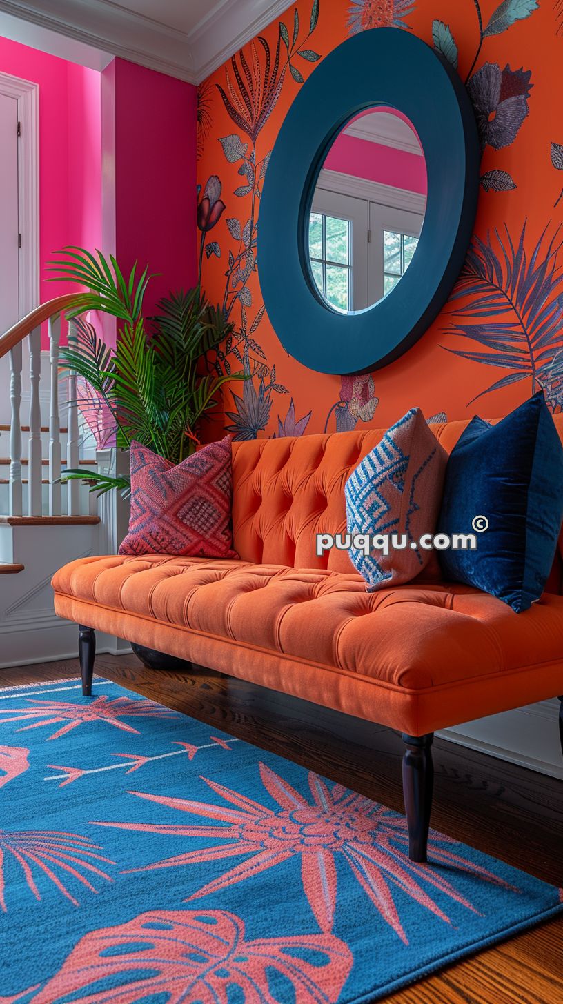 Brightly colored living room with an orange tufted sofa, blue and pink patterned pillows, vibrant orange and pink floral wallpaper, a blue circular mirror, and a blue rug with pink foliage designs.