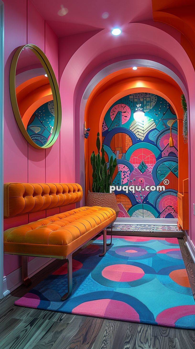 Colorful hallway with pink walls, bright orange tufted bench, circular wall mirror, blue and pink patterned rug, green potted plant, and vibrant mural on the back wall.