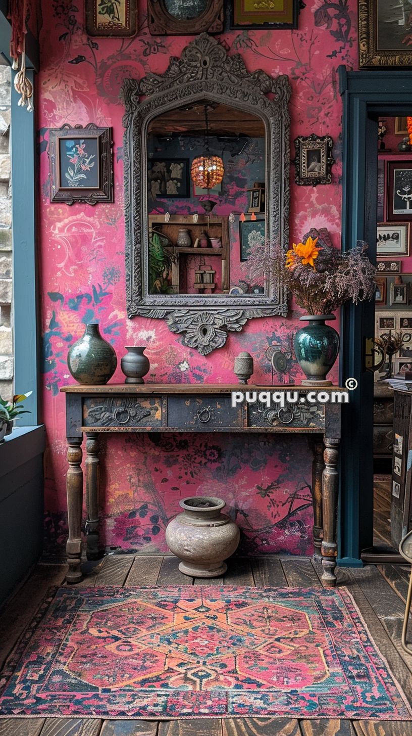 An ornately decorated room with pink floral wallpaper, a large antique mirror, and various vases on a wooden table with drawers below. There is a large pot on the floor and a colorful rug.