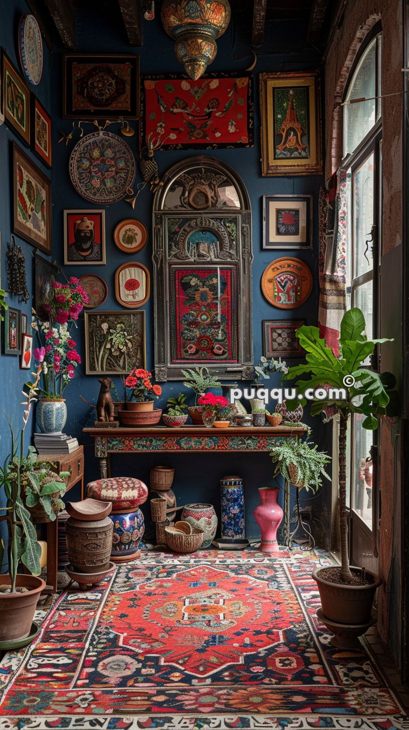A cozy bohemian interior with a dark blue wall adorned with various framed artworks, vibrant ornamental decor, potted plants, and hanging lanterns. A colorful red-patterned rug covers the floor, surrounded by eclectic furniture and decorative items. A large window allows natural light into the room.
