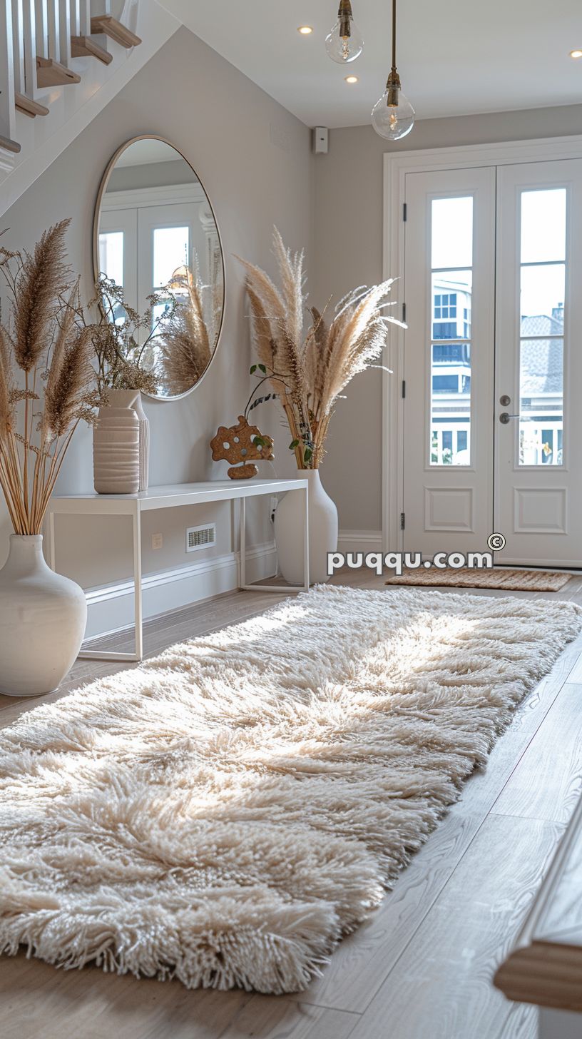 Modern foyer with a fluffy beige rug, white console table, decorative vases with dried pampas grass, round mirror, and glass pendant lights, leading to double front doors with glass panels.