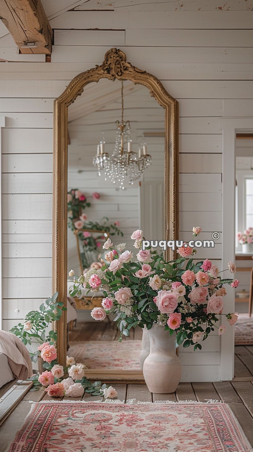 A large ornate gold mirror placed on the floor reflects a crystal chandelier and floral decorations. In front, a tall vase holds a bouquet of pink roses and greenery, with additional flowers scattered on a patterned rug. The room features white shiplap walls and rustic wooden beams.