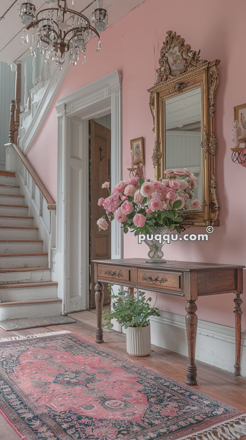 A vintage hallway with pink walls, a wooden table adorned with a vase of pink flowers, a large ornate mirror above the table, a crystal chandelier, and a staircase with white railings. An intricate pink and blue rug is on the wooden floor.