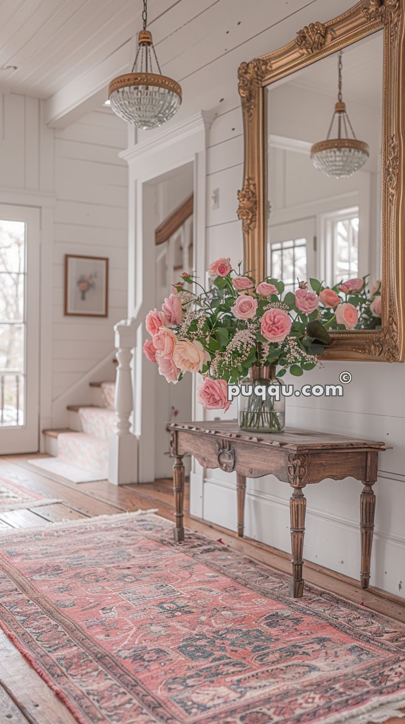 Elegant hallway with a vintage wooden console table, topped with a glass vase of pink roses, a large ornate gold mirror, and a decorative patterned rug.