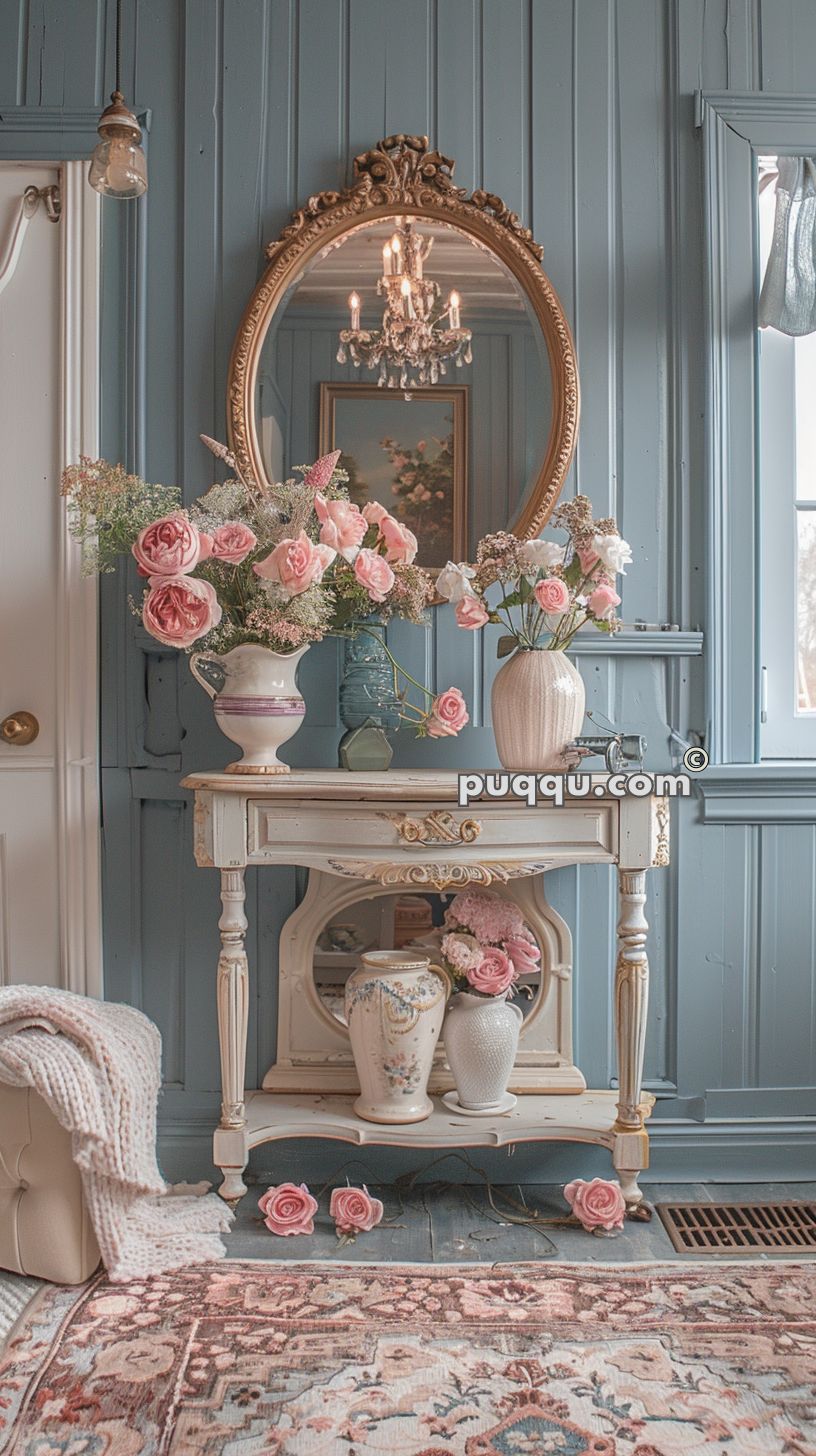 Elegant vintage vanity with a large ornate mirror, displaying vases of pink flowers, against a light blue paneled wall.