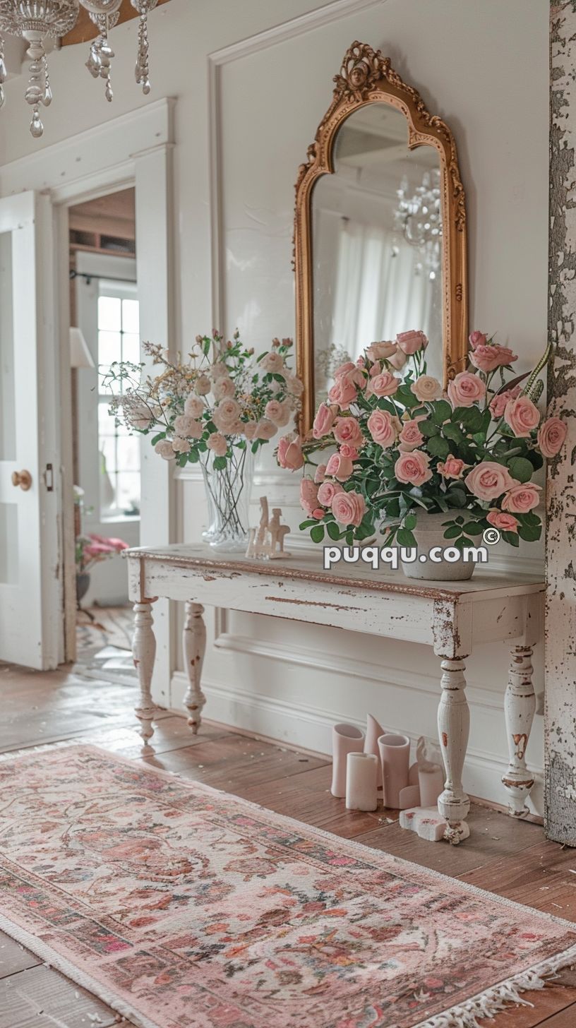 Elegant entryway with a large ornate mirror, distressed wooden console table, pink and white floral arrangements, and a patterned rug.