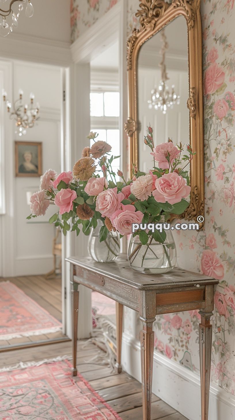 A hallway with floral wallpaper and soft lighting, featuring an ornate gold mirror above a rustic wooden table topped with vases of pink and beige flowers.