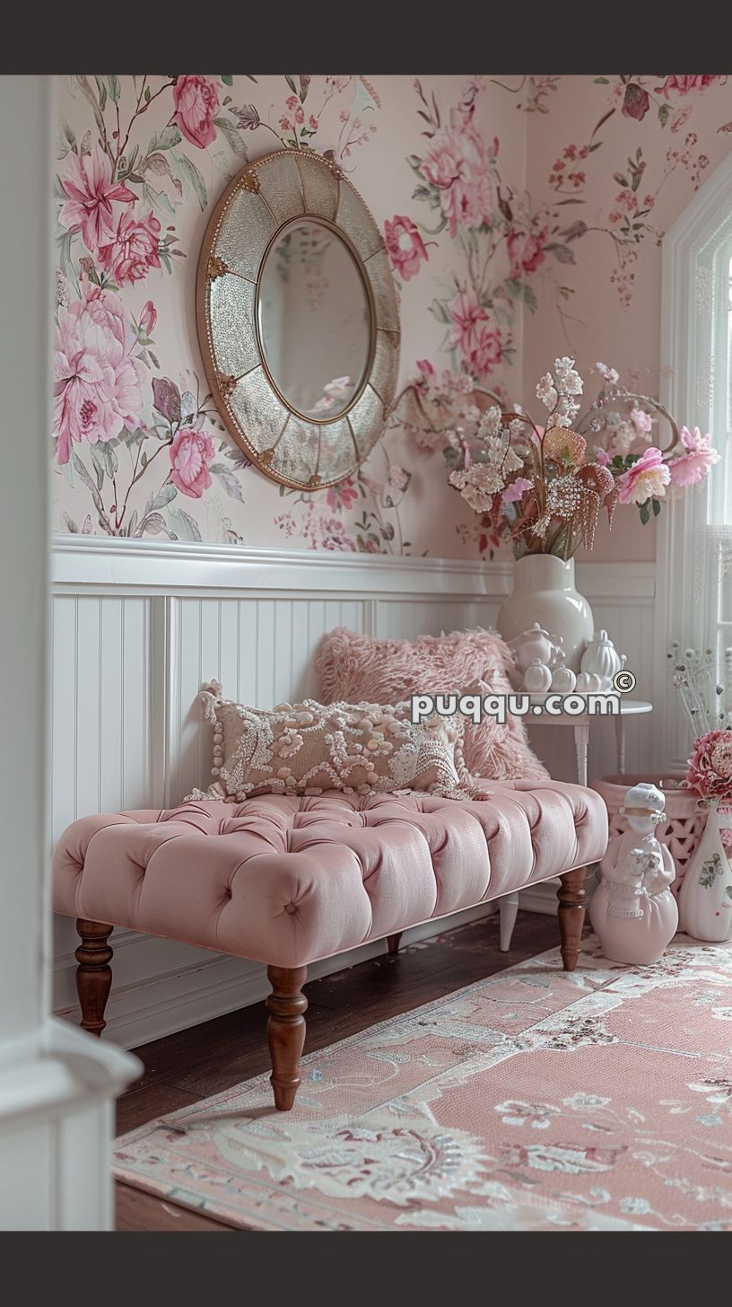 A pastel pink-themed room with a floral wallpaper, tufted pink bench, decorative pillows, ornate mirror, and a side table with vases of flowers.