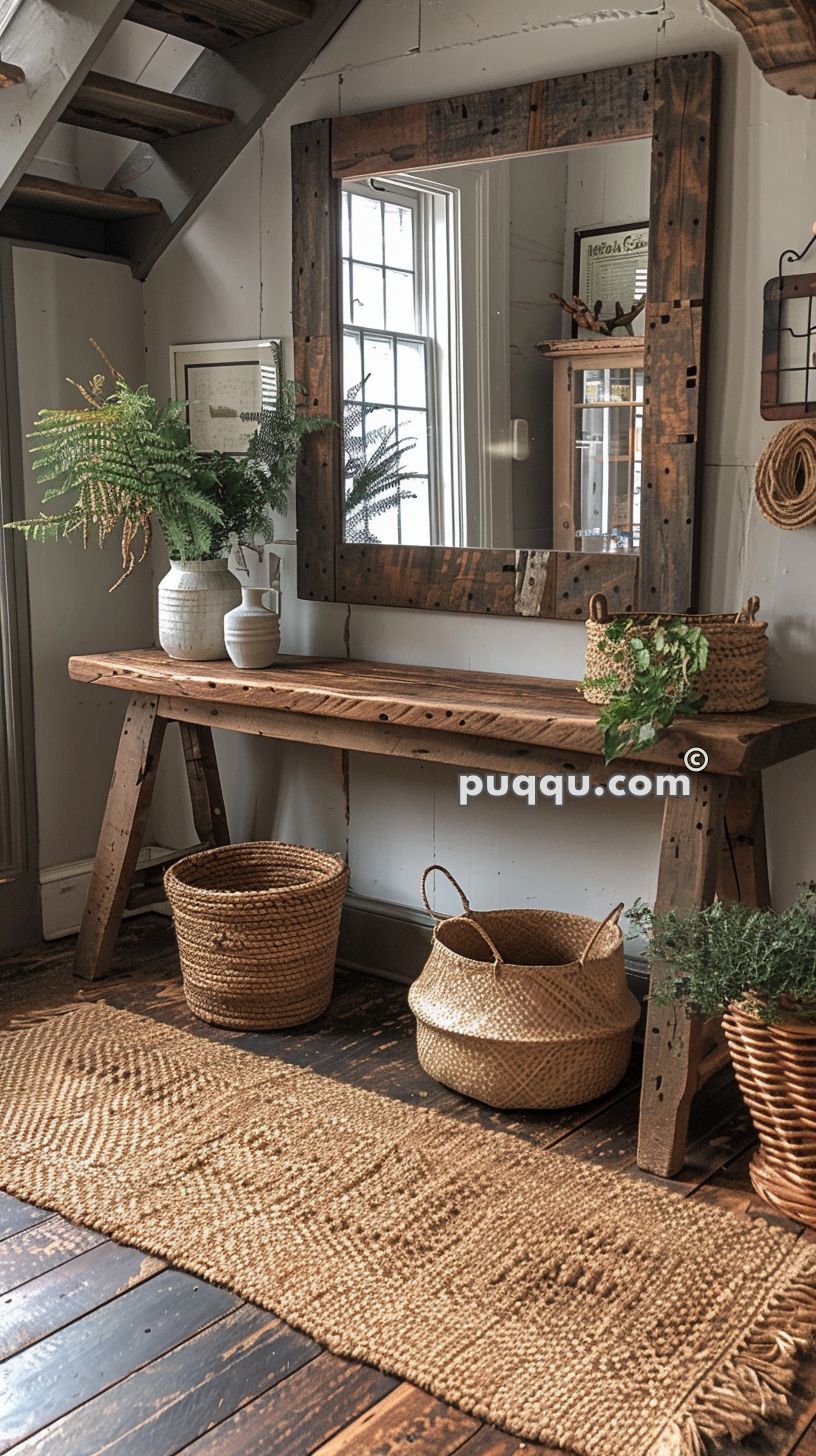 Rustic entryway with a wooden table, large framed mirror, woven baskets, potted plants, and a jute rug.