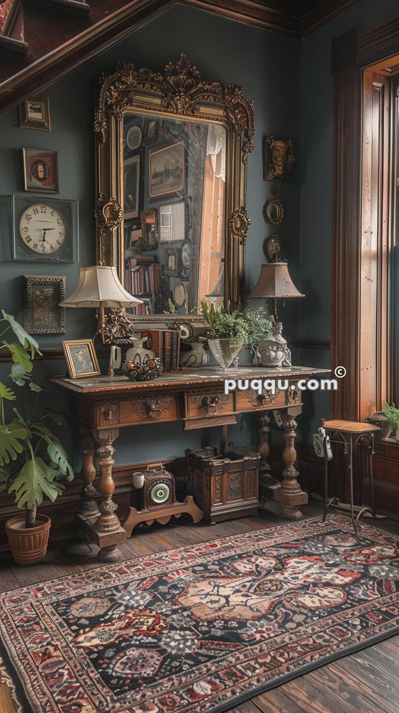Vintage-style room with dark teal walls, ornate wooden furniture, a large gilded mirror, antique clock, potted plants, lamps, and a decorative rug.