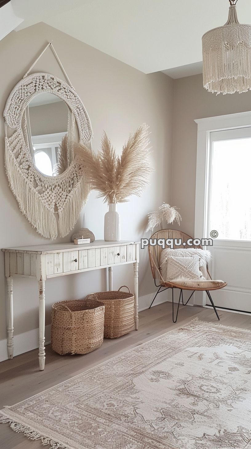 Boho-style room with a macramé mirror hanging above a rustic wooden console table, pampas grass in a white vase, woven baskets underneath, a rattan chair with a pillow in the corner, and a fringed rug on the floor.