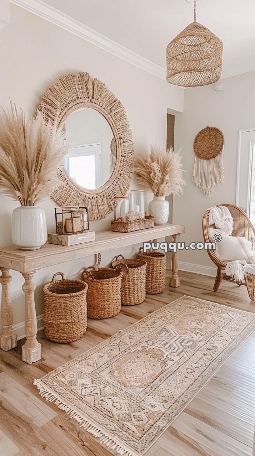 Cozy hallway with boho decor including a large round mirror with a rustic frame, woven baskets, white vases with pampas grass, a wooden console table, wicker chair, and a patterned rug.