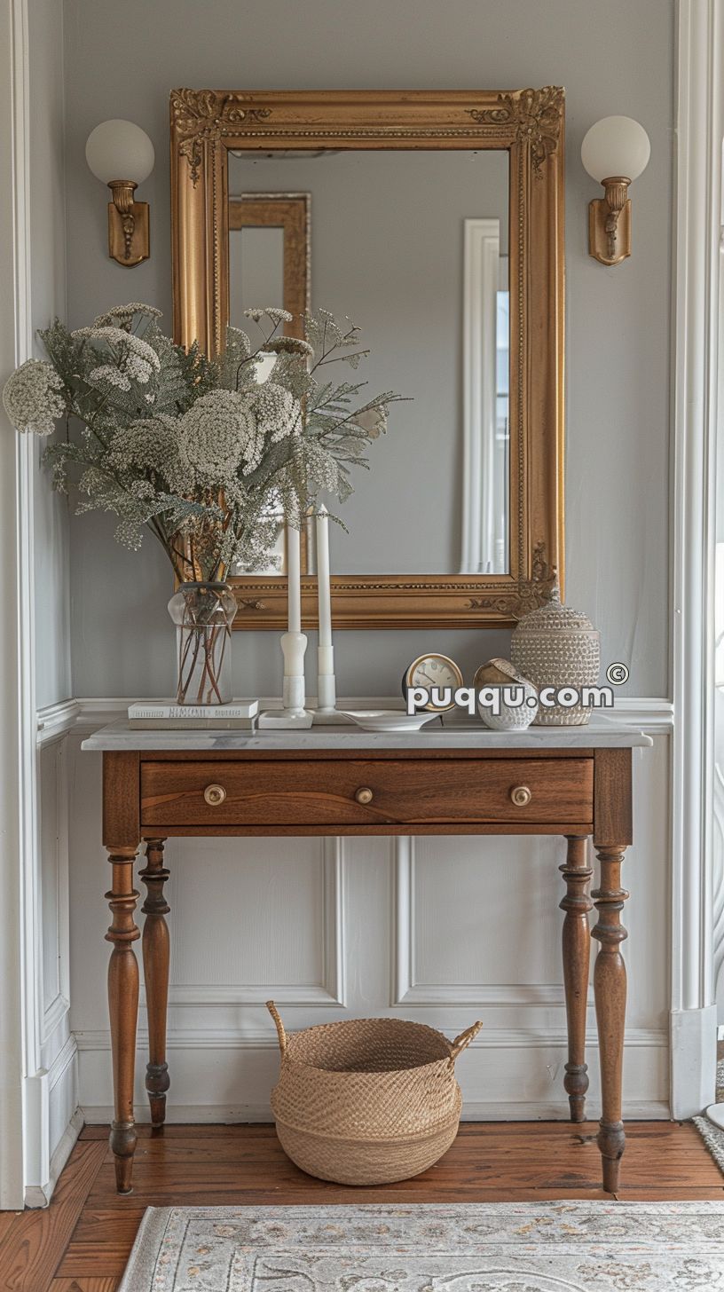 Wooden console table with a marble top, adorned with a vase of white flowers, two candles, a clock, and decorative items, positioned below a large ornate gold-framed mirror and flanked by two wall sconces. A woven basket sits on the floor beneath the table.