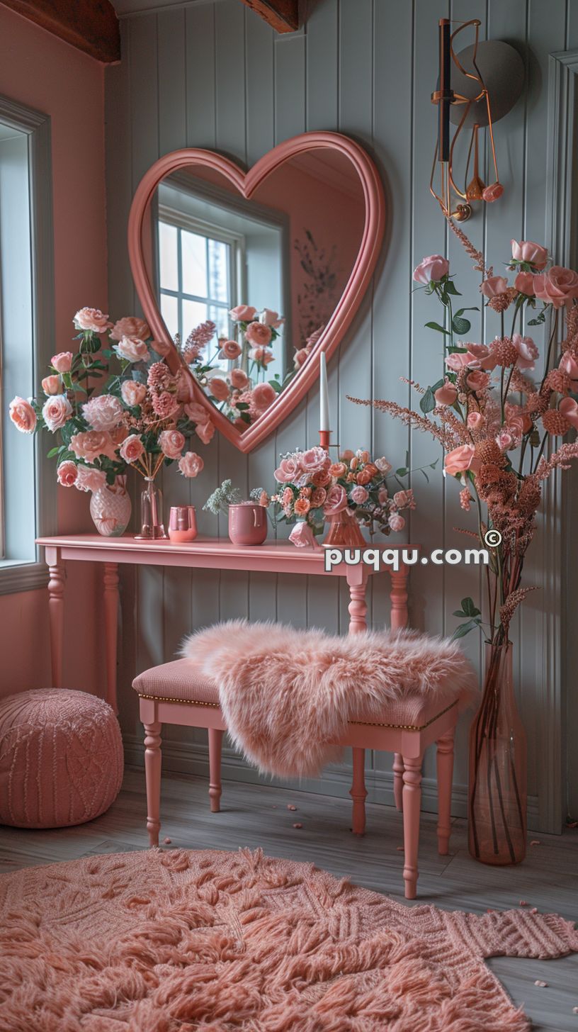 Pink-themed room with soft furnishings, flowers, and decor. Features a heart-shaped mirror above a console table with various vases of flowers, a cushioned bench with a fluffy throw, and a patterned rug on the floor.