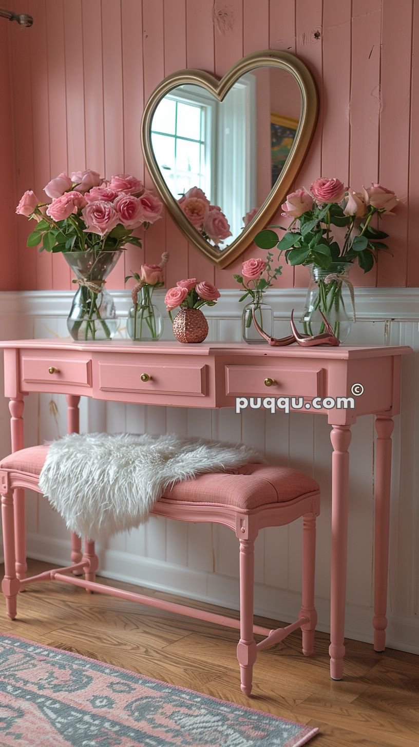 Pink vanity table with a pink cushioned bench in front, adorned with pink roses in various vases and jars, a heart-shaped mirror on the wall, and a fluffy white rug on the bench seat.