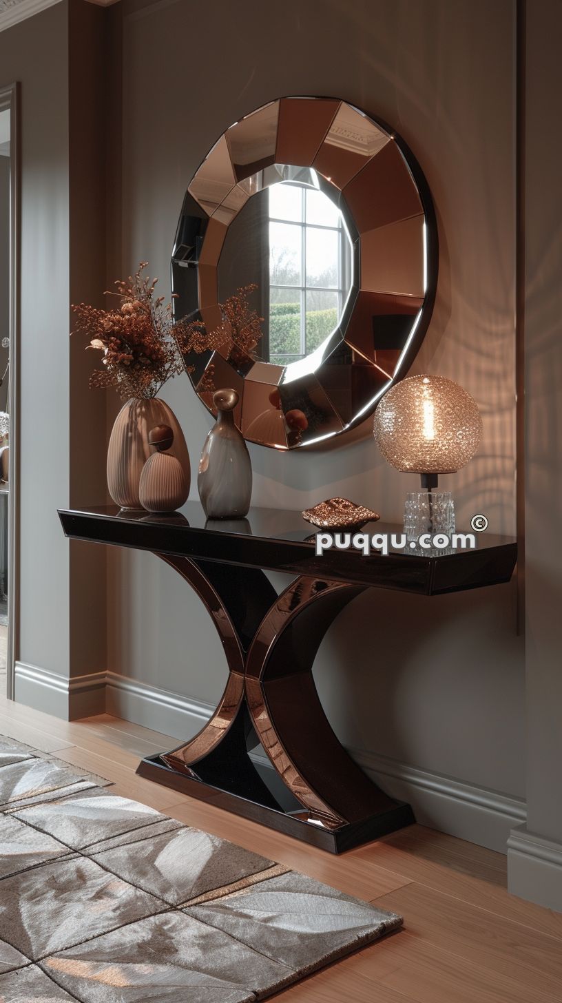 Elegant hallway with a modern black console table, a round geometric mirror, decorative vases, a table lamp, and a patterned rug.