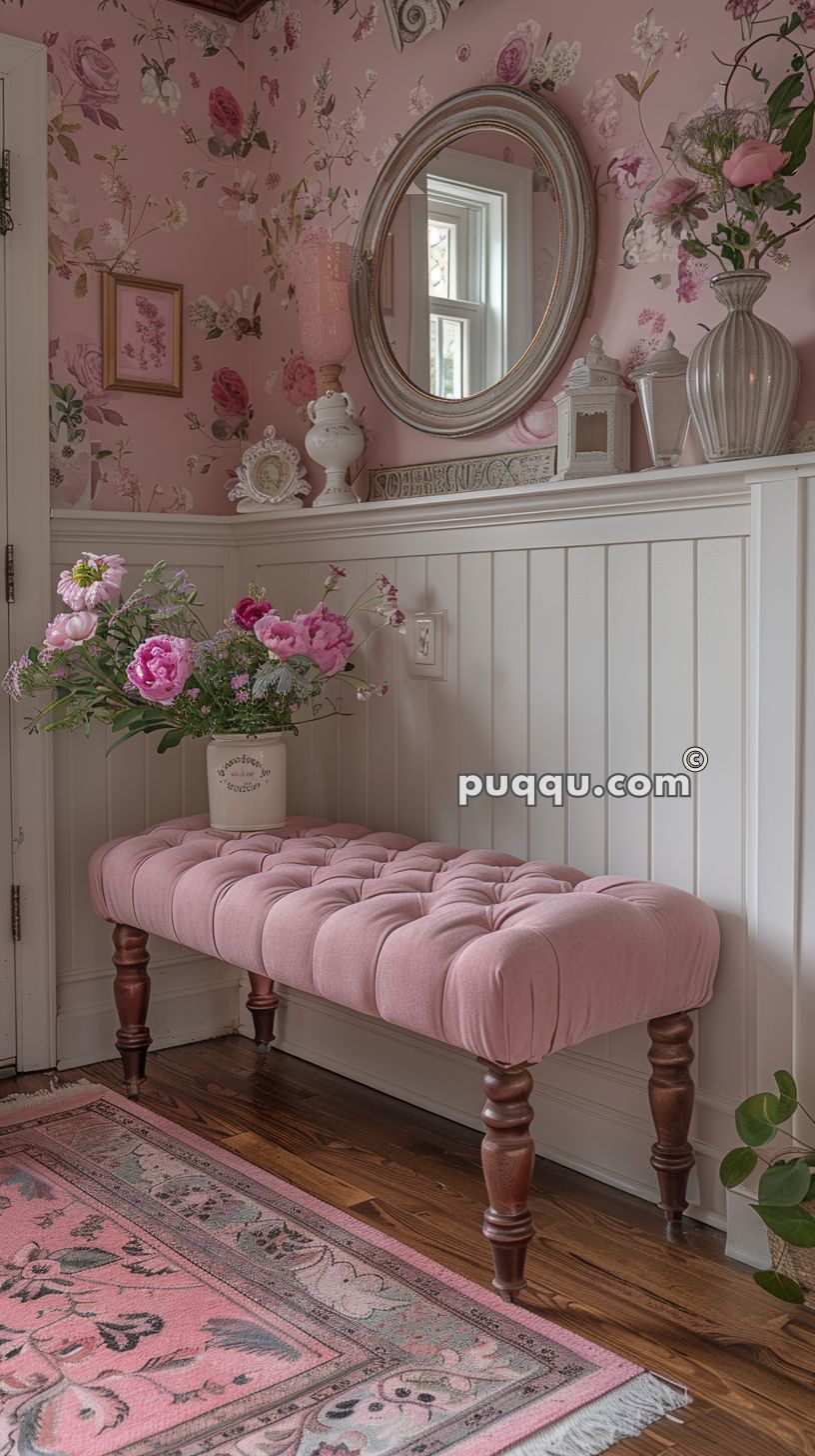 A cozy floral-themed room with pink wallpaper, a framed picture, and a round mirror above a white wainscoting. Below it, a pink tufted bench with wooden legs sits on a hardwood floor, accompanied by a pink floral rug and a vase of pink flowers.