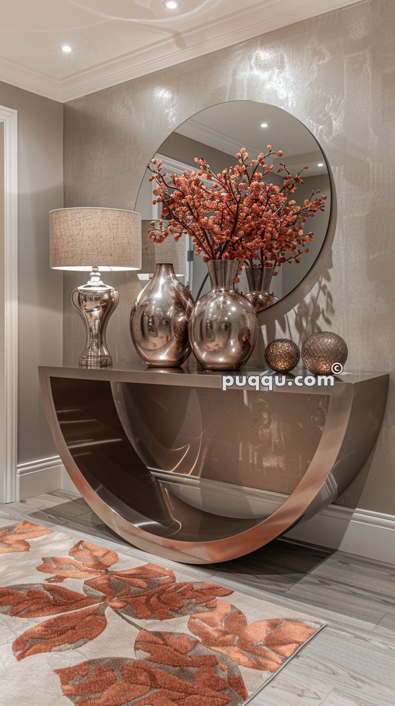 Elegant entryway with a modern metallic console table, round mirror, silver vases, red floral arrangement, lamp, and decorative spheres on a carpeted floor with floral patterns.