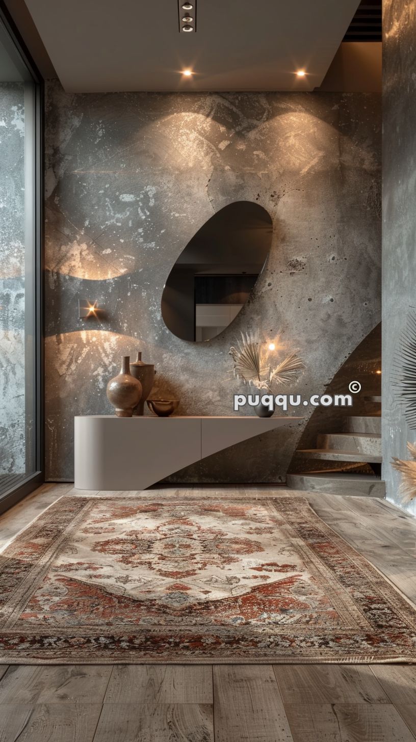 Modern interior with abstract wall design featuring oval mirror, contemporary white console, decorative vases, and geometric patterned rug on a wooden floor.