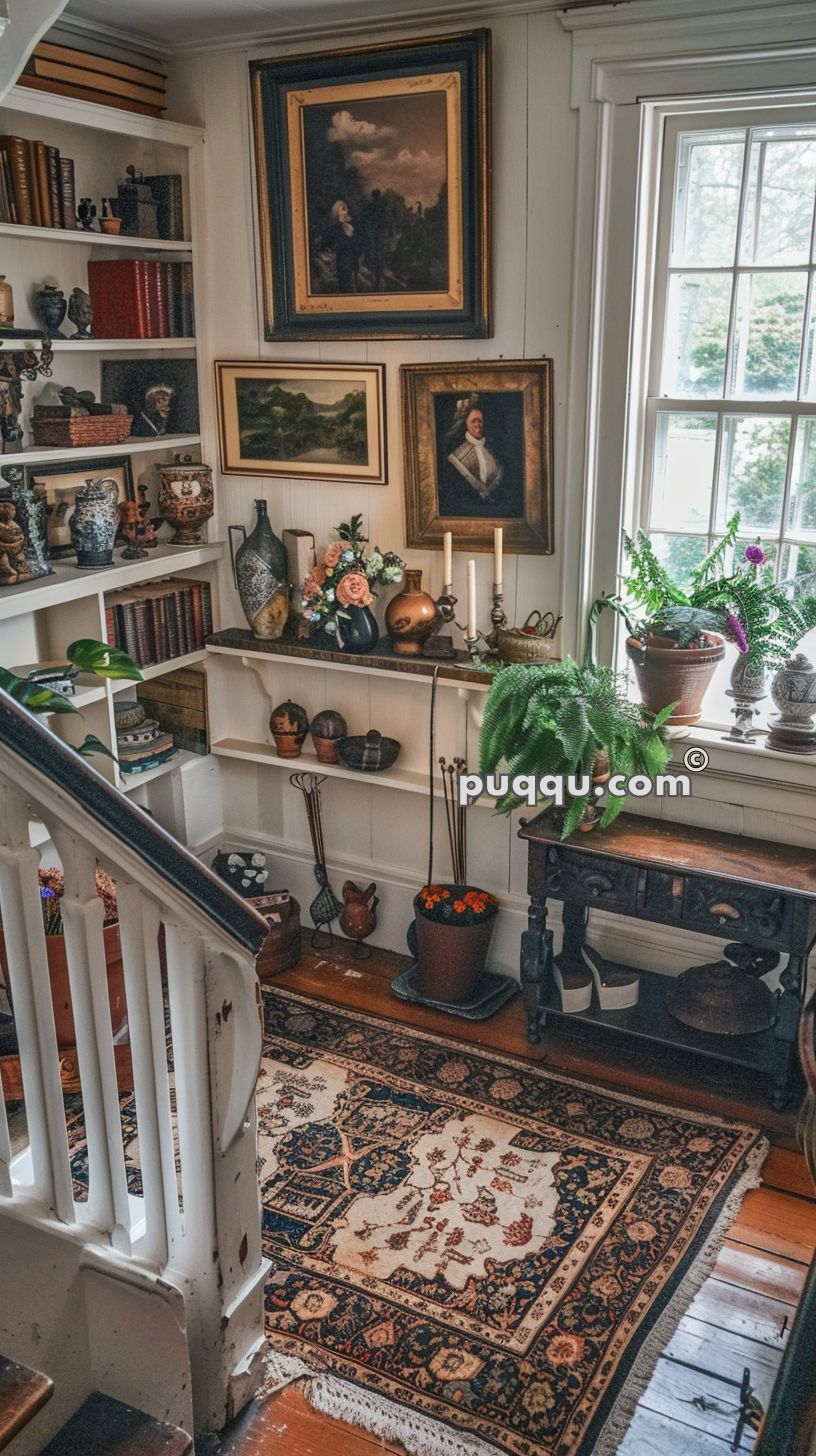 A cozy, vintage-style room corner with a staircase, decorated with framed paintings, vases, assorted pottery, and knick-knacks on wooden shelves. A large, intricate rug covers the wooden floor, and potted plants sit by the window. A table with candlesticks and more pottery items completes the homey look.