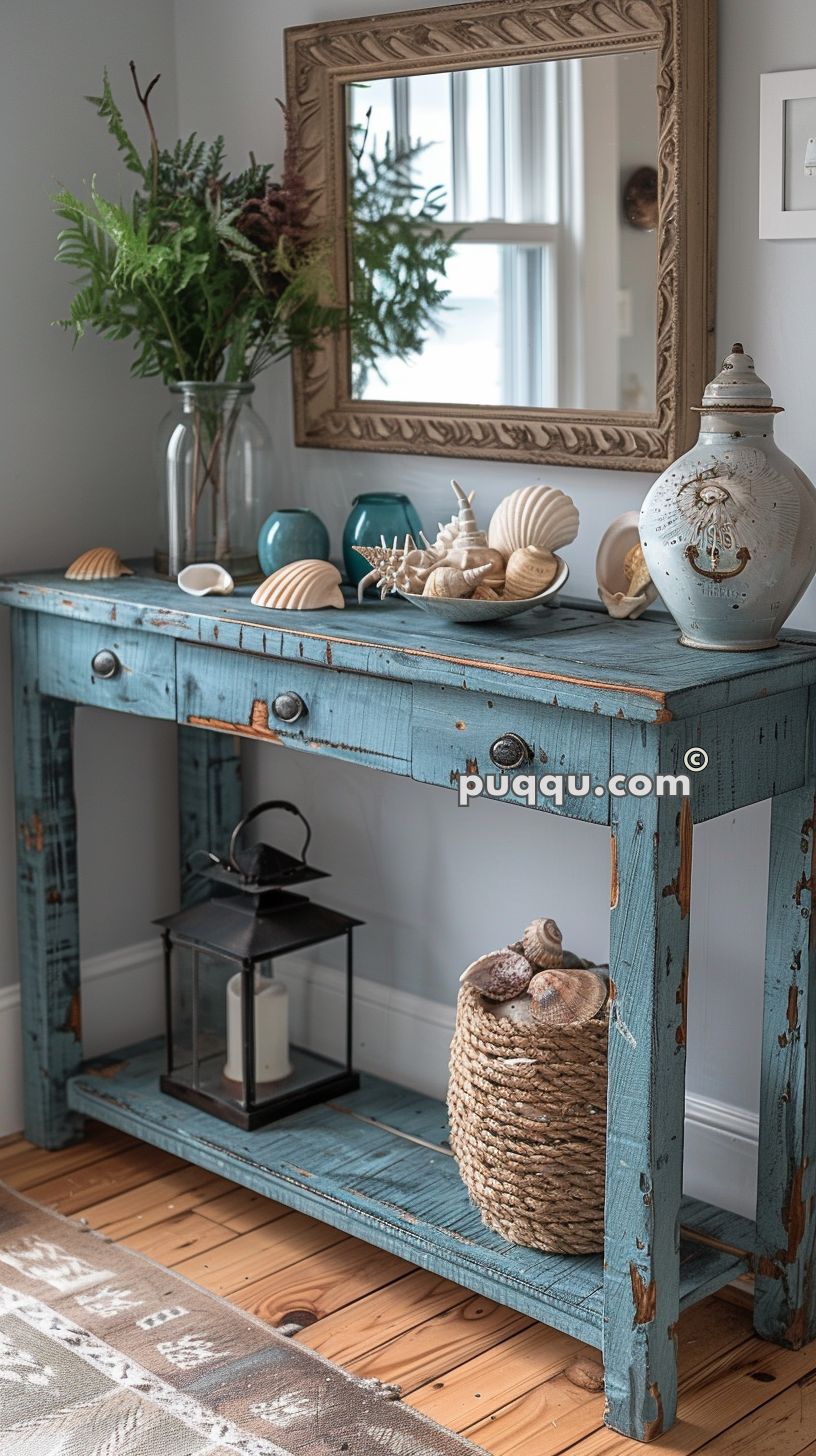 Rustic blue wooden console table with seashell decorations, greenery in a glass vase, and a large ornate mirror above.