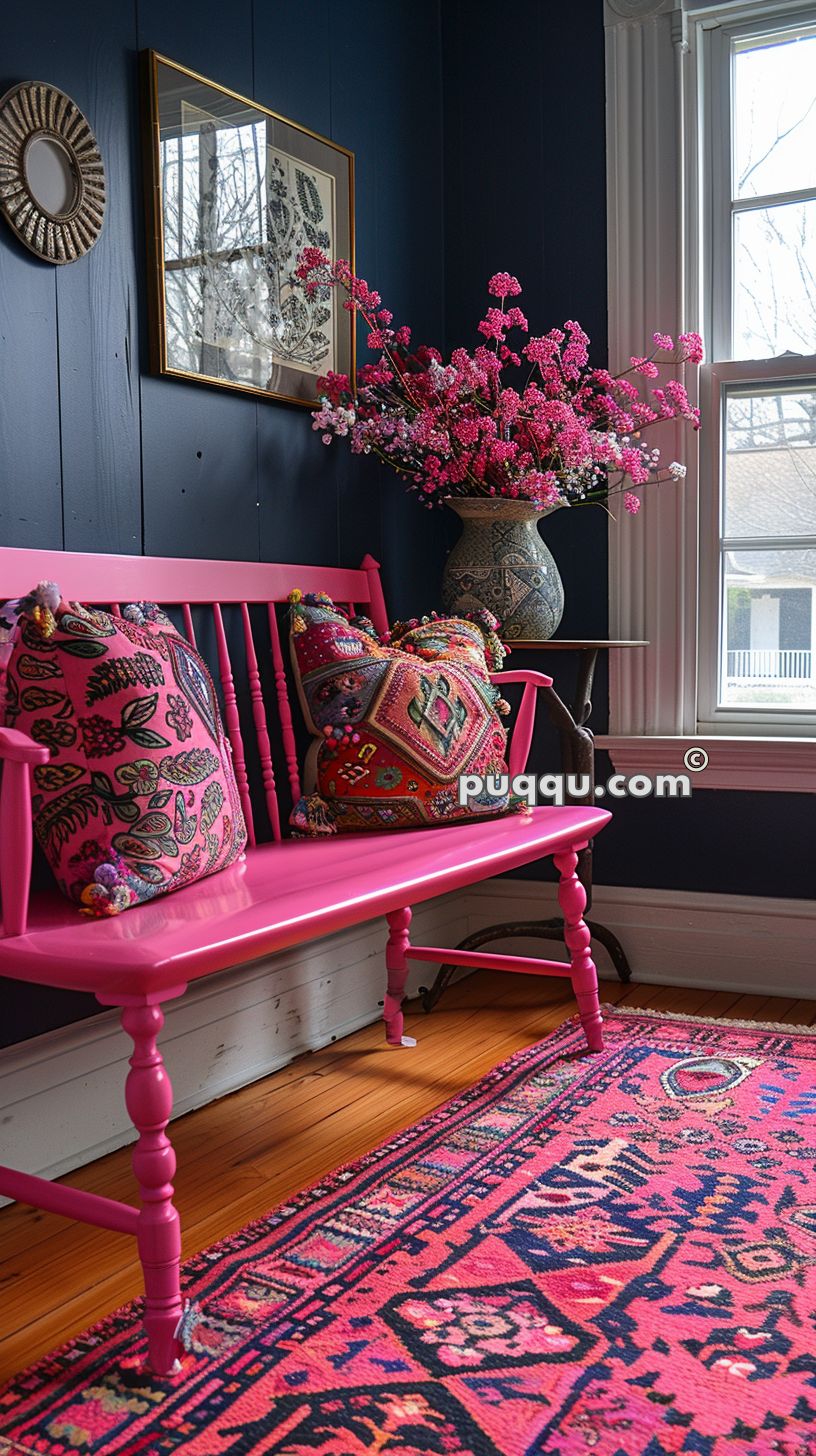 Room with dark blue walls, featuring a bright pink bench adorned with colorful embroidered cushions, a matching pink patterned rug on the wooden floor, and a large vase with pink flowers near a window.